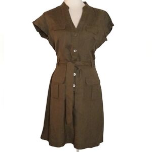 Banana Republic Olive Green Utility Safari Dress Midi Length Linen Blend Size 6